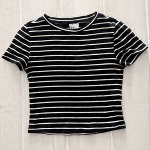 Divided Black and White Striped Short Sleeve Crop Top